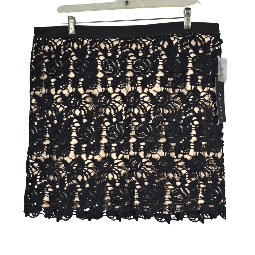 Willi Smith Womens Black Floral Crochet Lace Mini Skirt Size 12 Contrast Lining